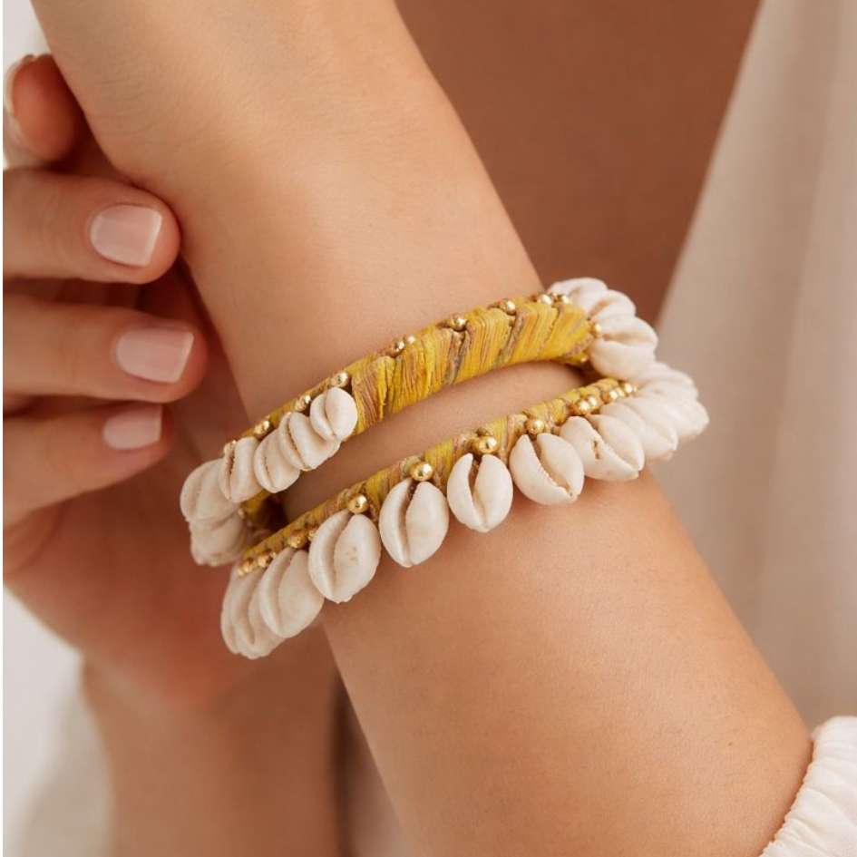 Women's Beautiful Handmade Yellow Cowrie Shell Bangles Set