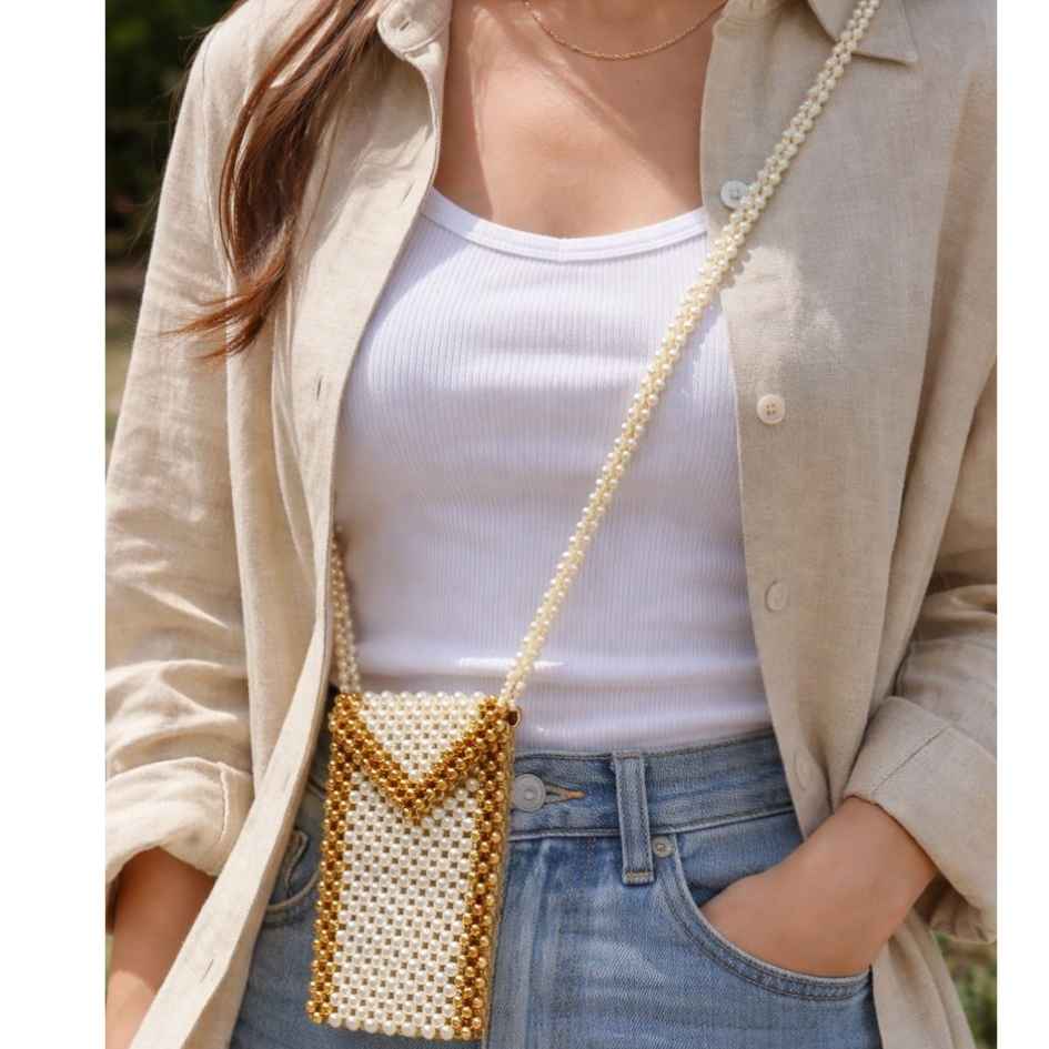 Beautiful Pearl Beaded Mobile Sling Bag For Girls And Women